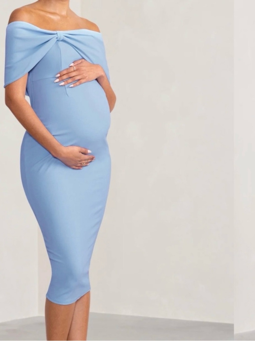 Club L London Powder Blue Alyssa Bardot Bow Maternity Midi Dress With Ruching 12 - Picture 2 of 16
